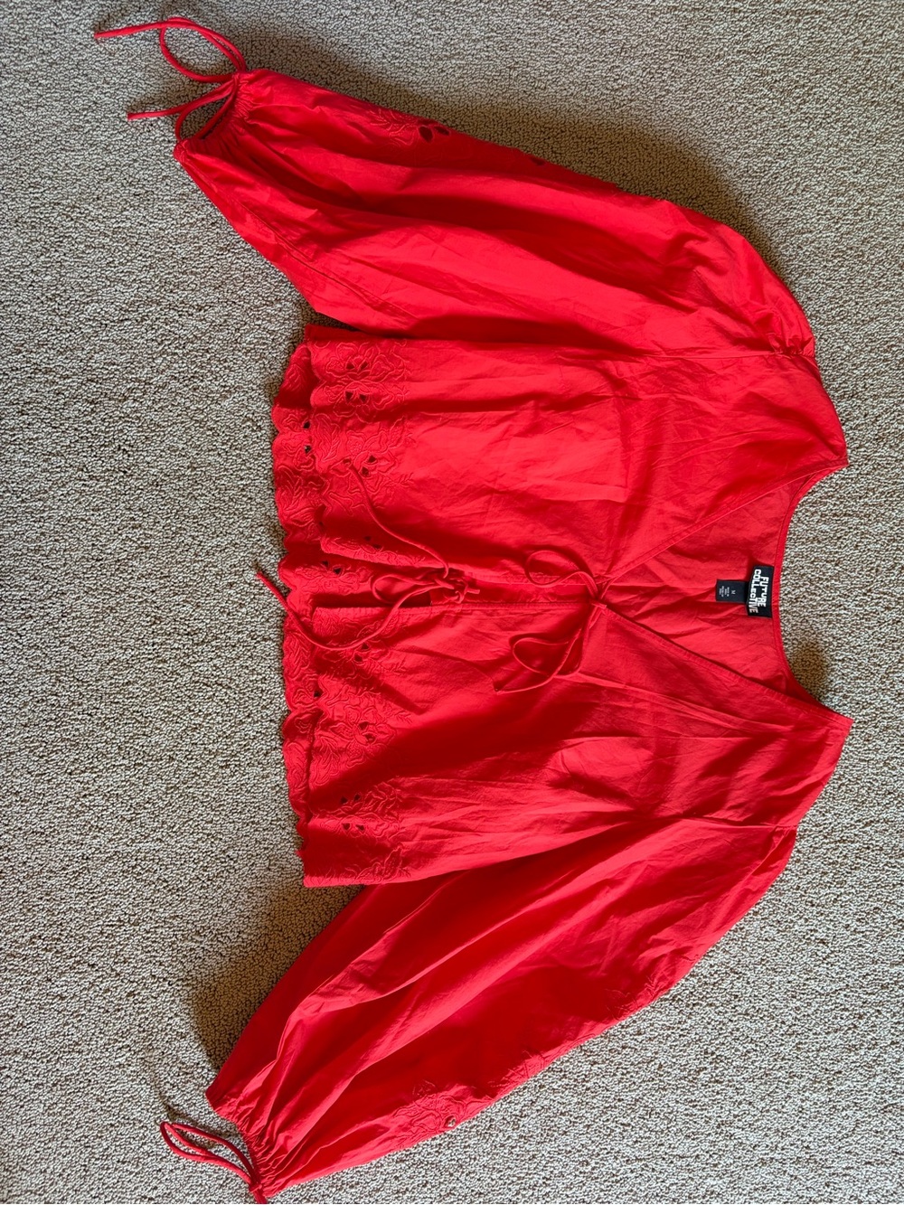 Bright Red Women's Peasant Blouse with Tie Front